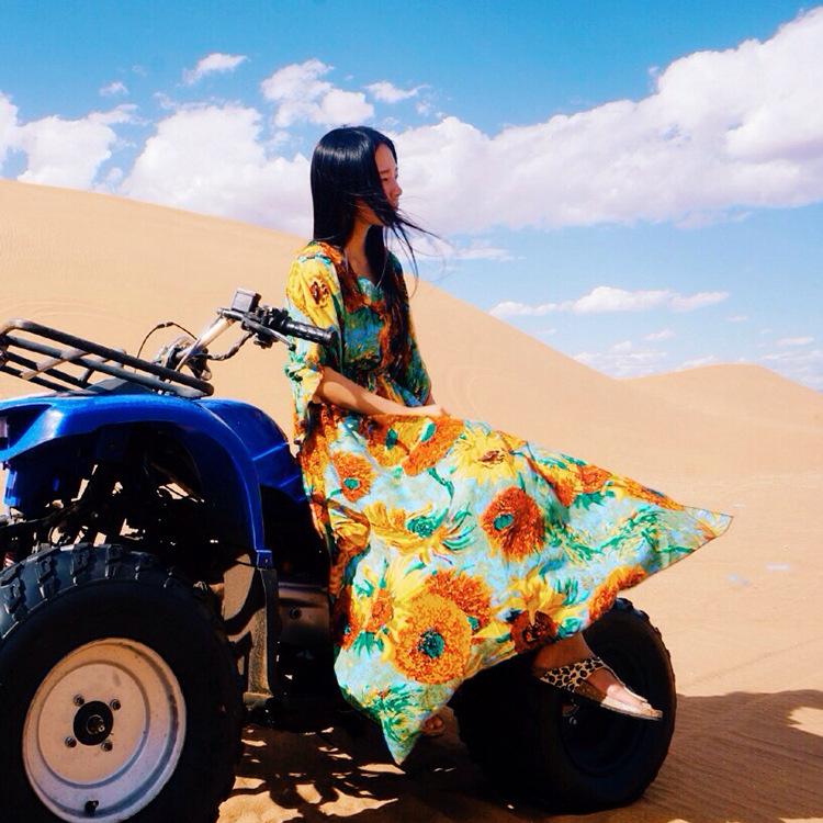 Boho Batwing Sleeves Sunflower Printed Maxi Dress