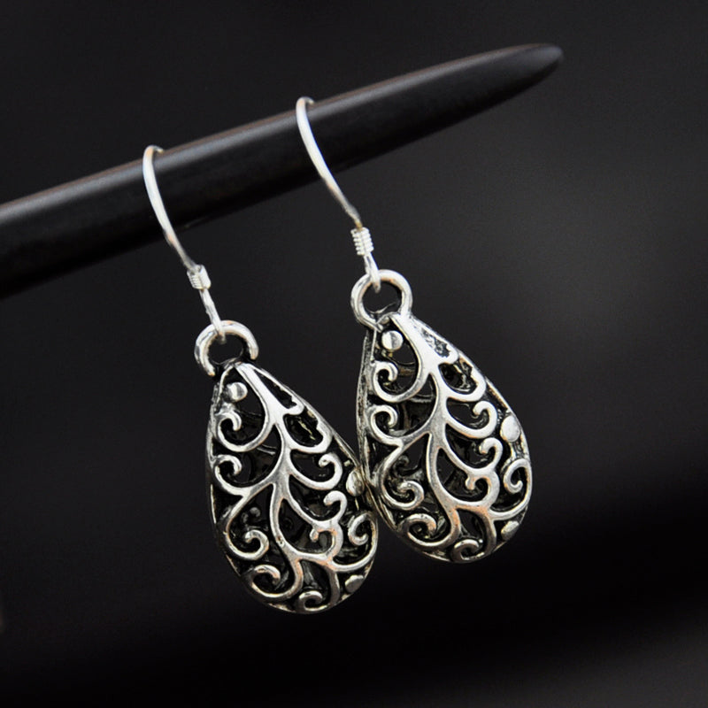 S925 Silver Ear Hook Miao Silver Hollow Water Drop Vintage Earrings National Style Earrings