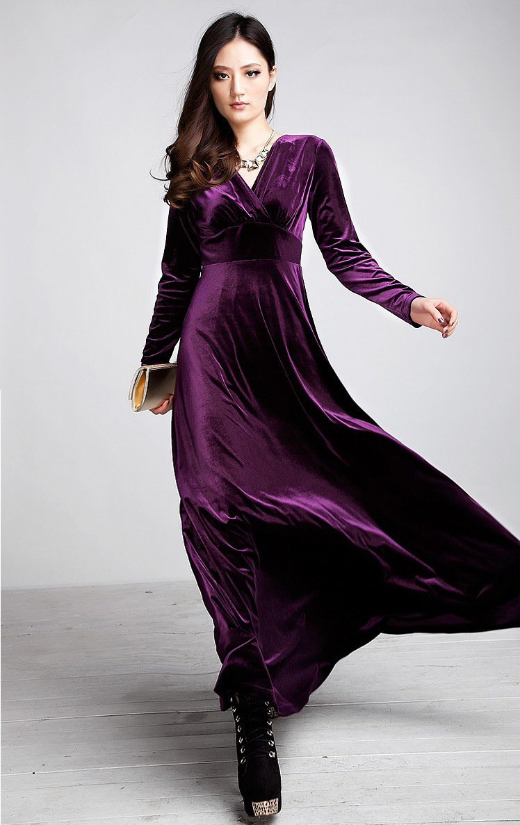 Velvet V Neck Long Sleeve High Waist Maxi Dress