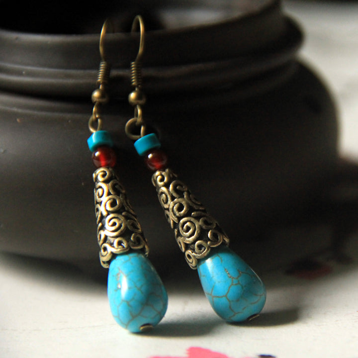 Ethnic style Tibetan Handmade retro agate pine Stone Earrings simple and elegant Earrings