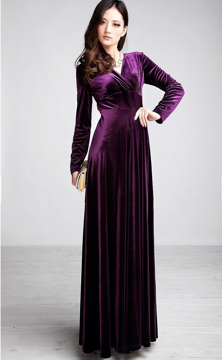 Velvet V Neck Long Sleeve High Waist Maxi Dress