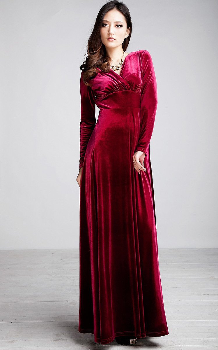 Velvet V Neck Long Sleeve High Waist Maxi Dress