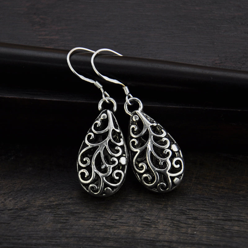 S925 Silver Ear Hook Miao Silver Hollow Water Drop Vintage Earrings National Style Earrings