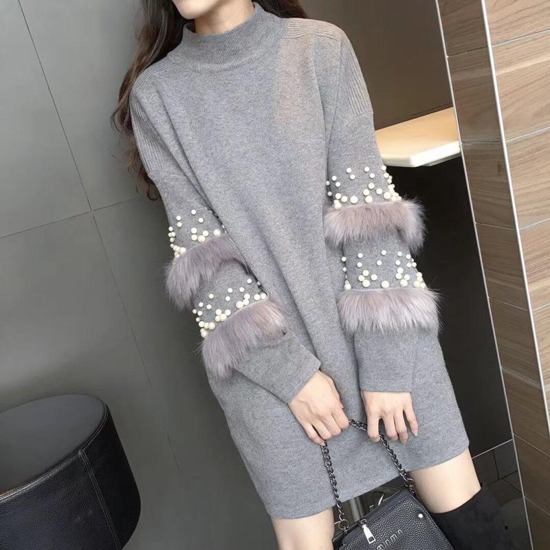 Pompom Fur Pearl Knit long Loose Autumn Pullover Sweater