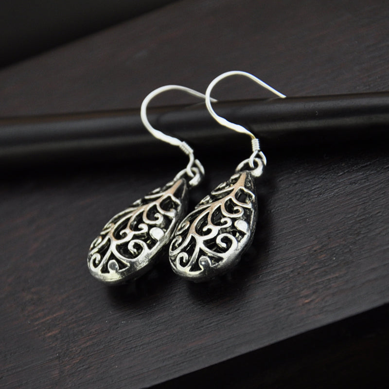 S925 Silver Ear Hook Miao Silver Hollow Water Drop Vintage Earrings National Style Earrings