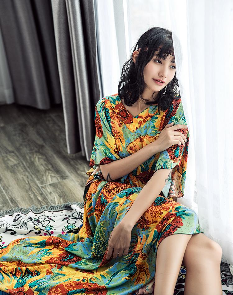 Boho Batwing Sleeves Sunflower Printed Maxi Dress