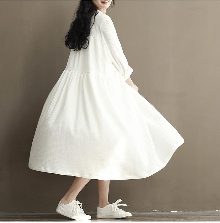 Vintage Button Linen Cotton Long Sleeve Midi Dress