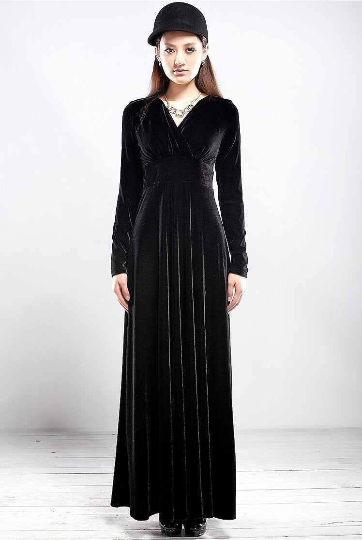 Velvet V Neck Long Sleeve High Waist Maxi Dress