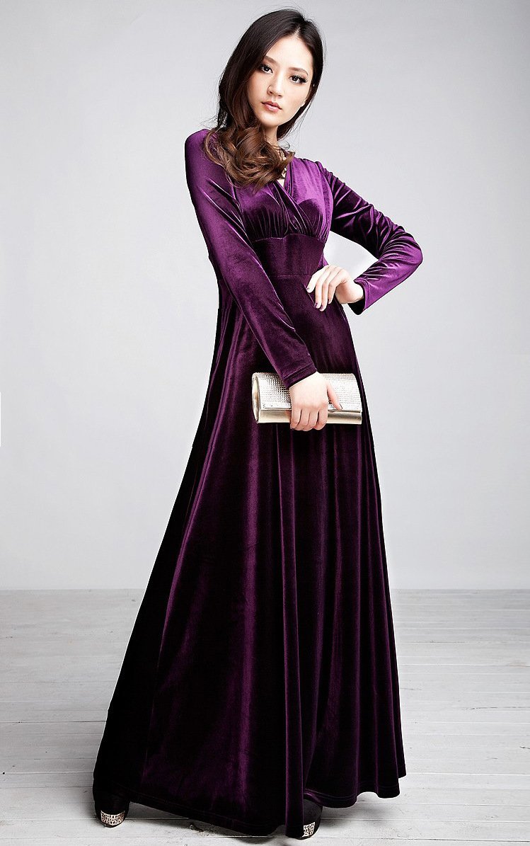 Velvet V Neck Long Sleeve High Waist Maxi Dress