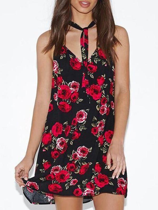 Sexy Floral Spaghetti Straps Halter Bohemia Beach Mini Dress