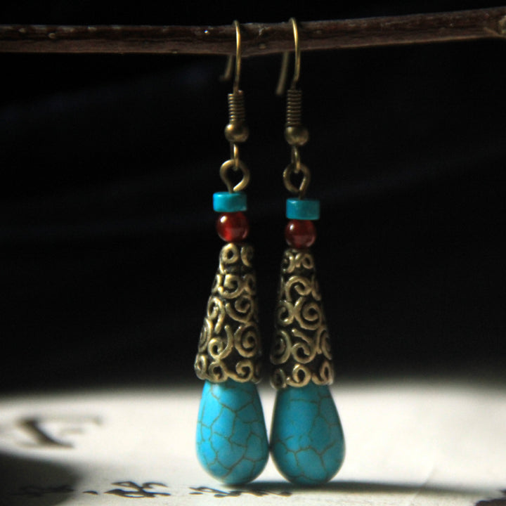 Ethnic style Tibetan Handmade retro agate pine Stone Earrings simple and elegant Earrings