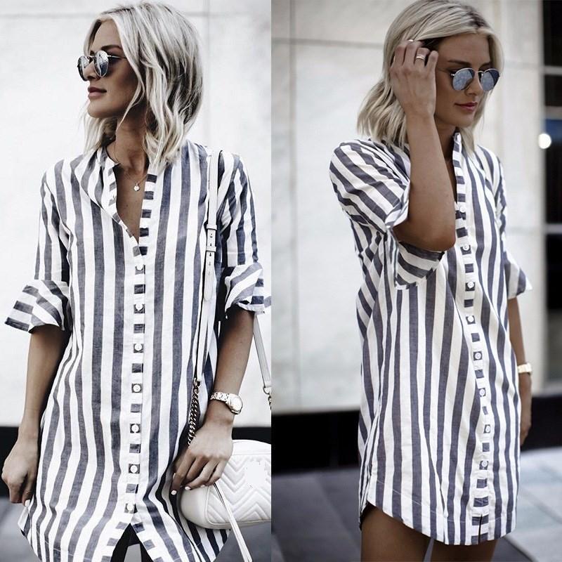 Stripe Stand Collar Casual Shirt Dress