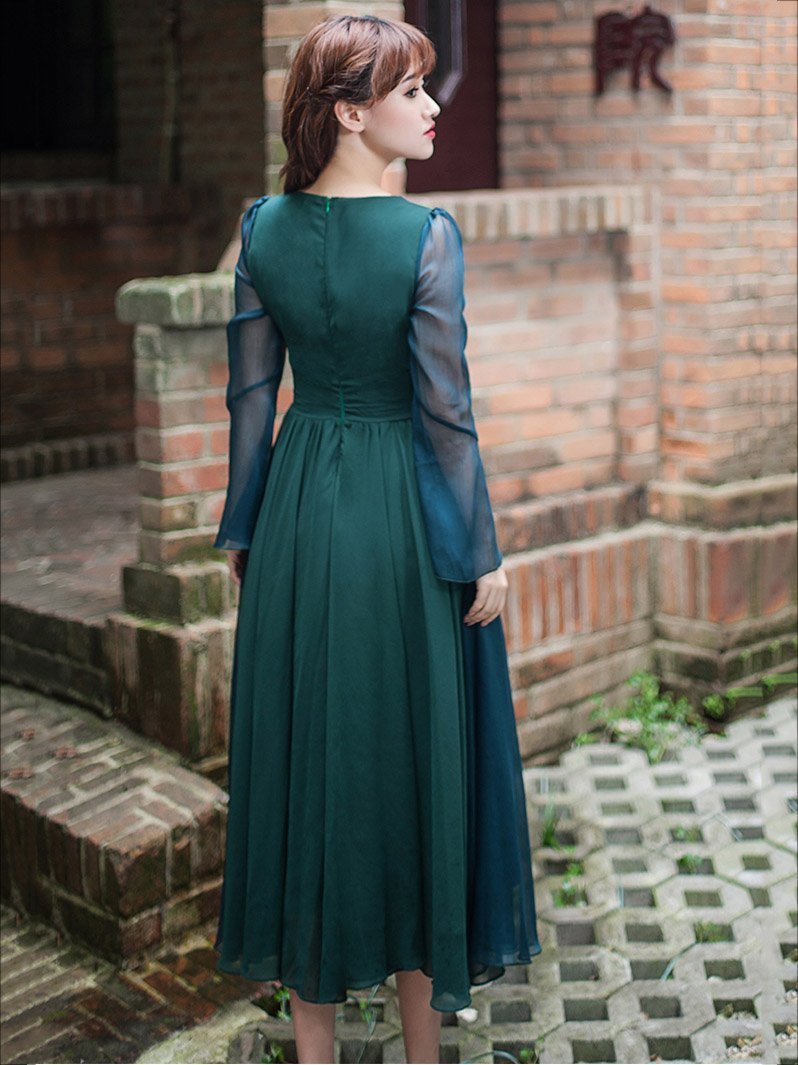 Vintage Solid Color Midi Dress