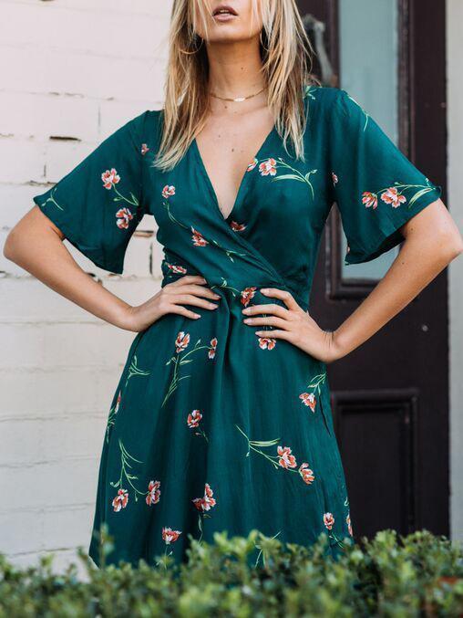 Floral V-neck A-line Wrap Mini Dress