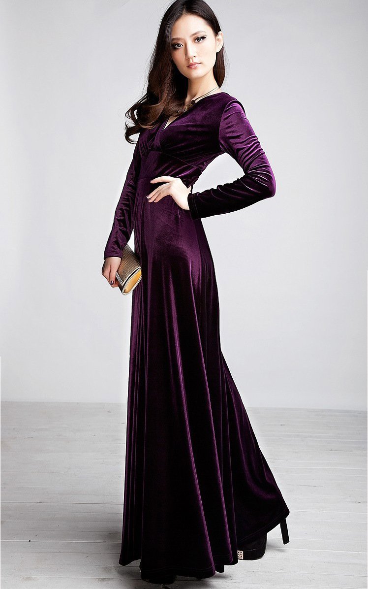 Velvet V Neck Long Sleeve High Waist Maxi Dress