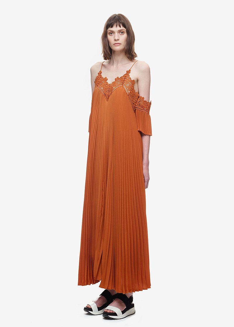 Summer Spaghetti Strap Pleated Cold Shoulder Maxi Dress