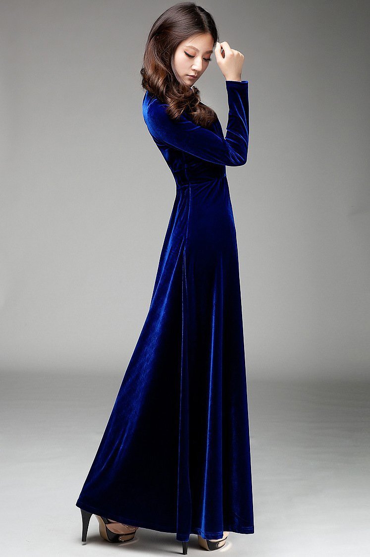 Velvet V Neck Long Sleeve High Waist Maxi Dress