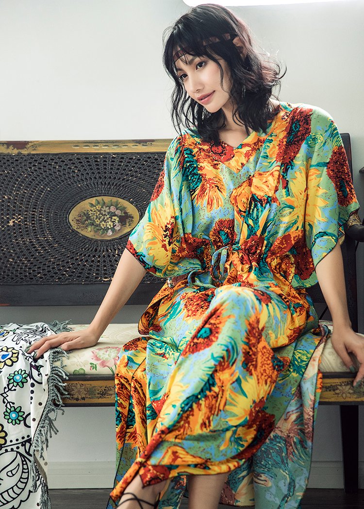 Boho Batwing Sleeves Sunflower Printed Maxi Dress