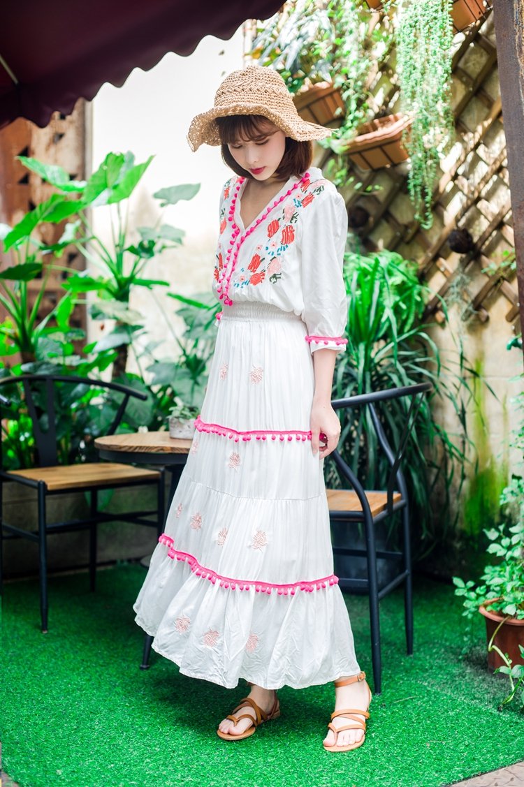 Floral Embroidered Hippie White Long Sleeve Pompom Maxi Dress