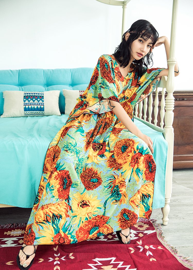 Boho Batwing Sleeves Sunflower Printed Maxi Dress