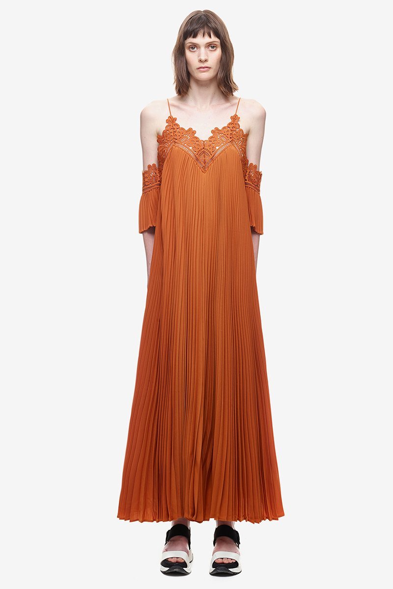 Summer Spaghetti Strap Pleated Cold Shoulder Maxi Dress