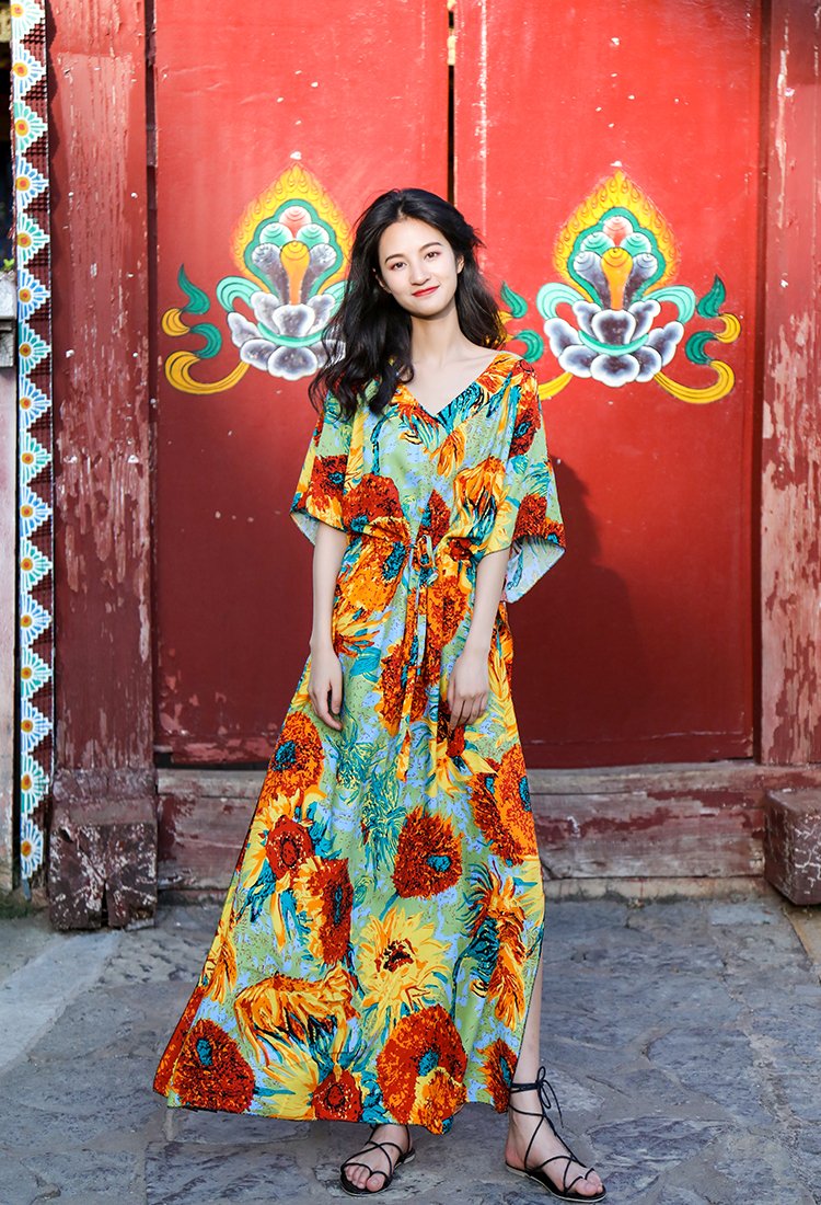 Boho Batwing Sleeves Sunflower Printed Maxi Dress