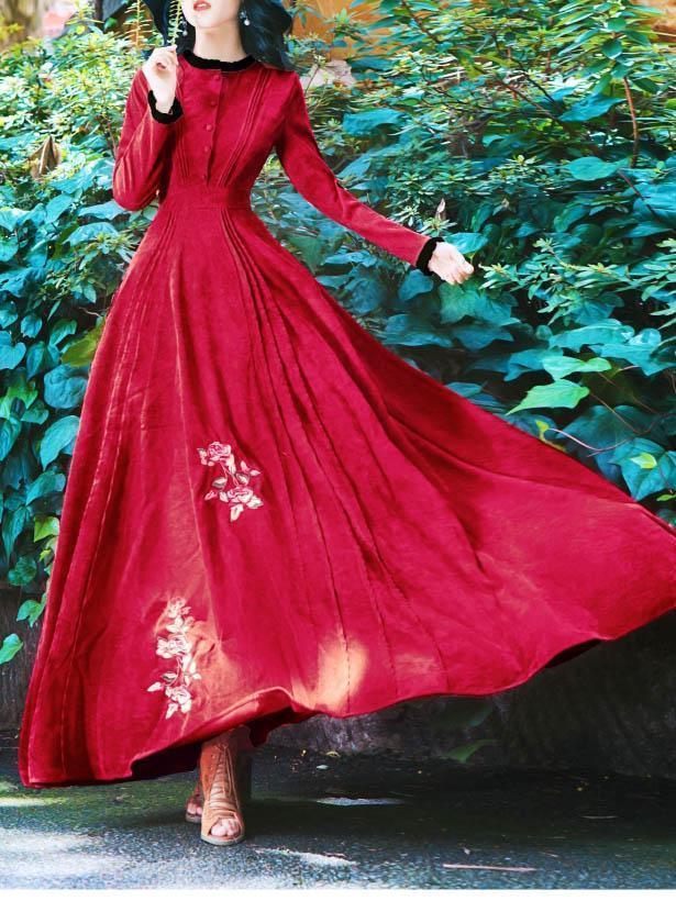 Red Vintage Embroidered Maxi Dress
