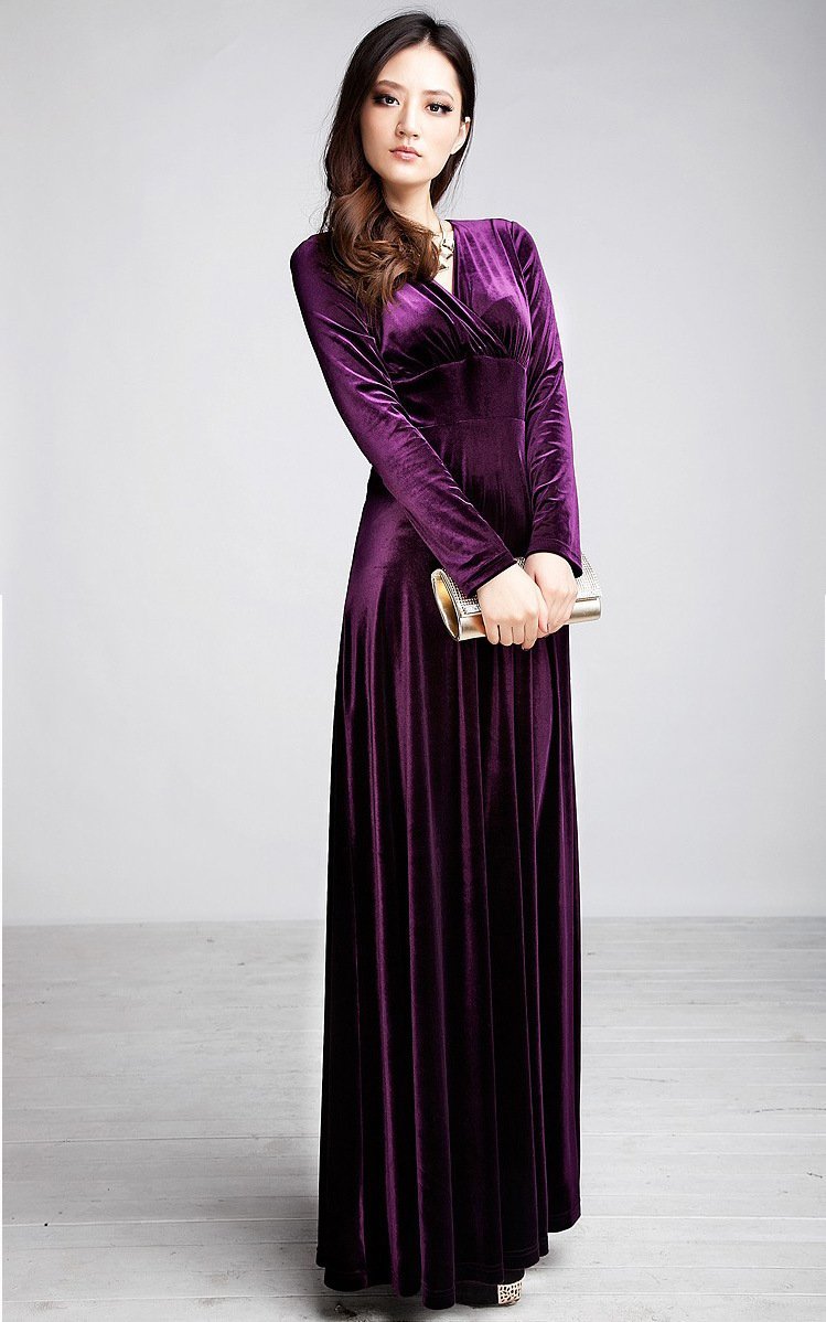 Velvet V Neck Long Sleeve High Waist Maxi Dress