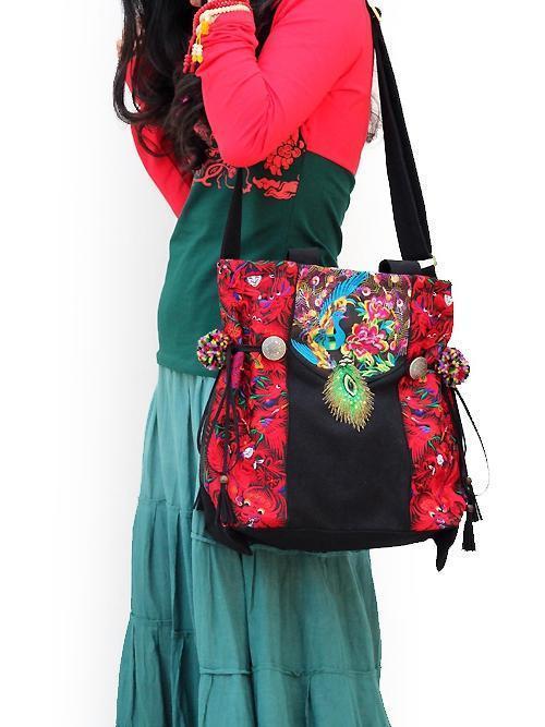 National style retro college literary embroidery one shoulder slung mobile handbag peacock