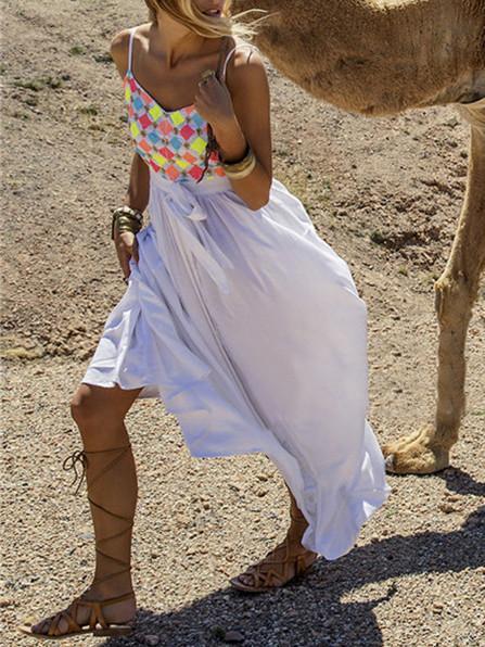 Pretty Sexy Straps V Neck Waisted Lace-Up Beach Vacation Maxi Dress