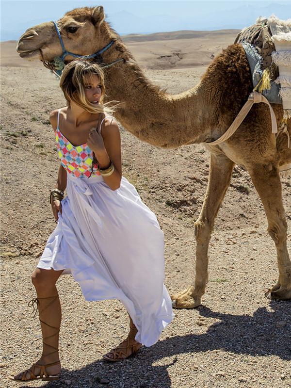 Pretty Sexy Straps V Neck Waisted Lace-Up Beach Vacation Maxi Dress