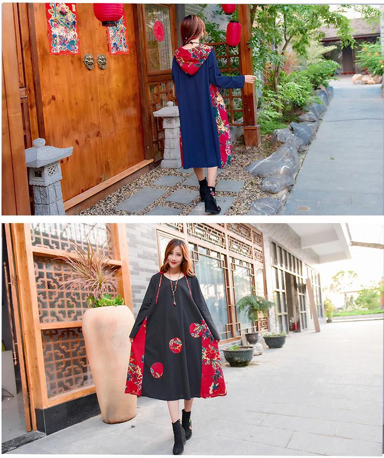 National Style Loose Print Cotton and Linen Hooded Dress