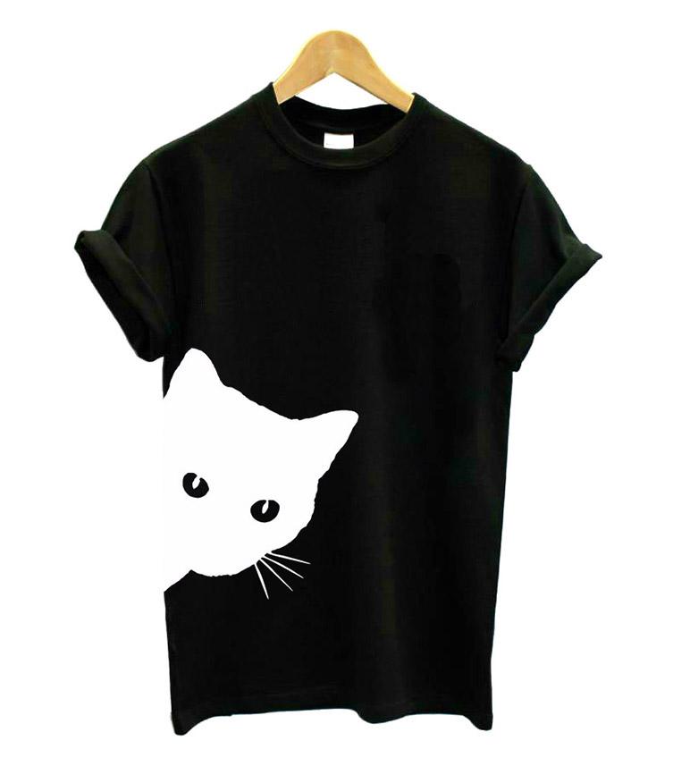 Cat Pattern Printed Crew Neck Slim Short Sleeve T-shirt