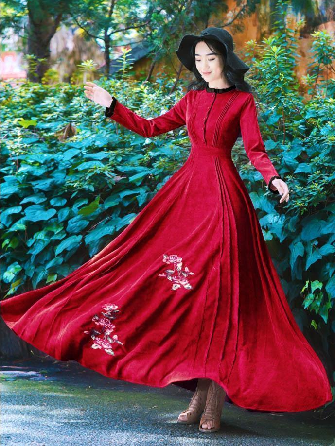 Red Vintage Embroidered Maxi Dress