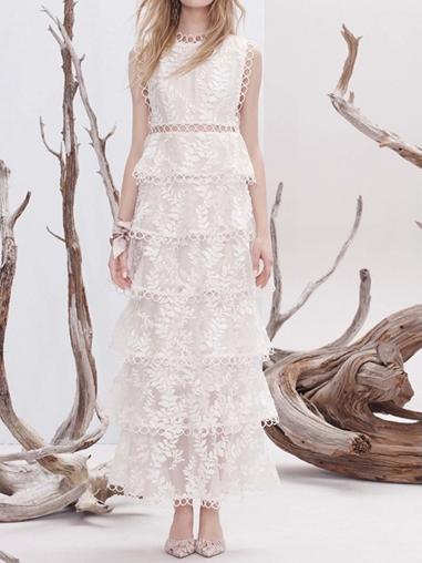 Summer White Lace Embroidery Sleeveless Long Tutu Dress