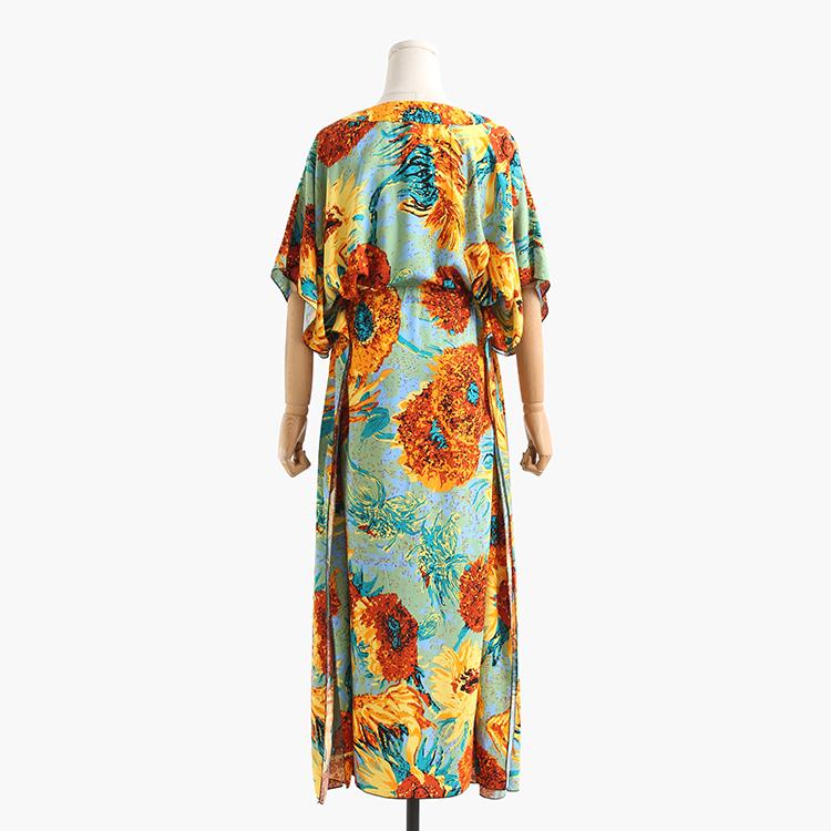 Boho Batwing Sleeves Sunflower Printed Maxi Dress