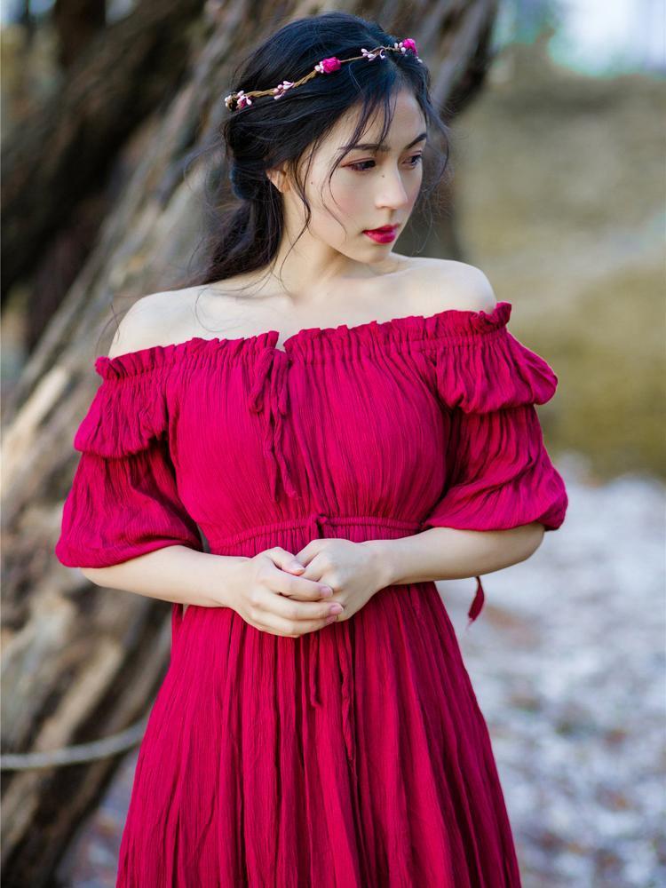 Vintage Solid Color Off-the-shoulder Maxi Dress