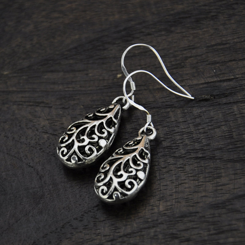 S925 Silver Ear Hook Miao Silver Hollow Water Drop Vintage Earrings National Style Earrings