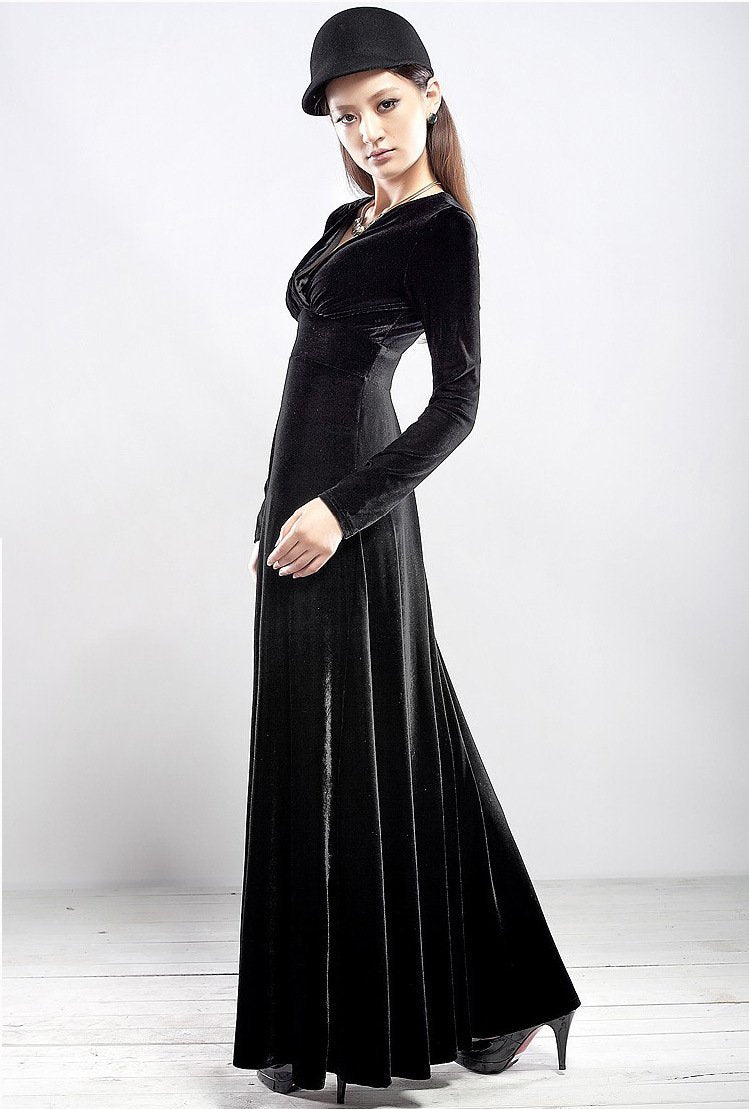 Velvet V Neck Long Sleeve High Waist Maxi Dress