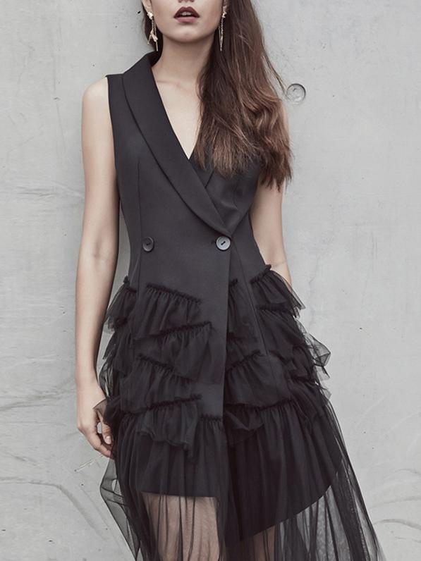 Temperament Black Sleeveless Suit Vest Irregular Mesh Dress