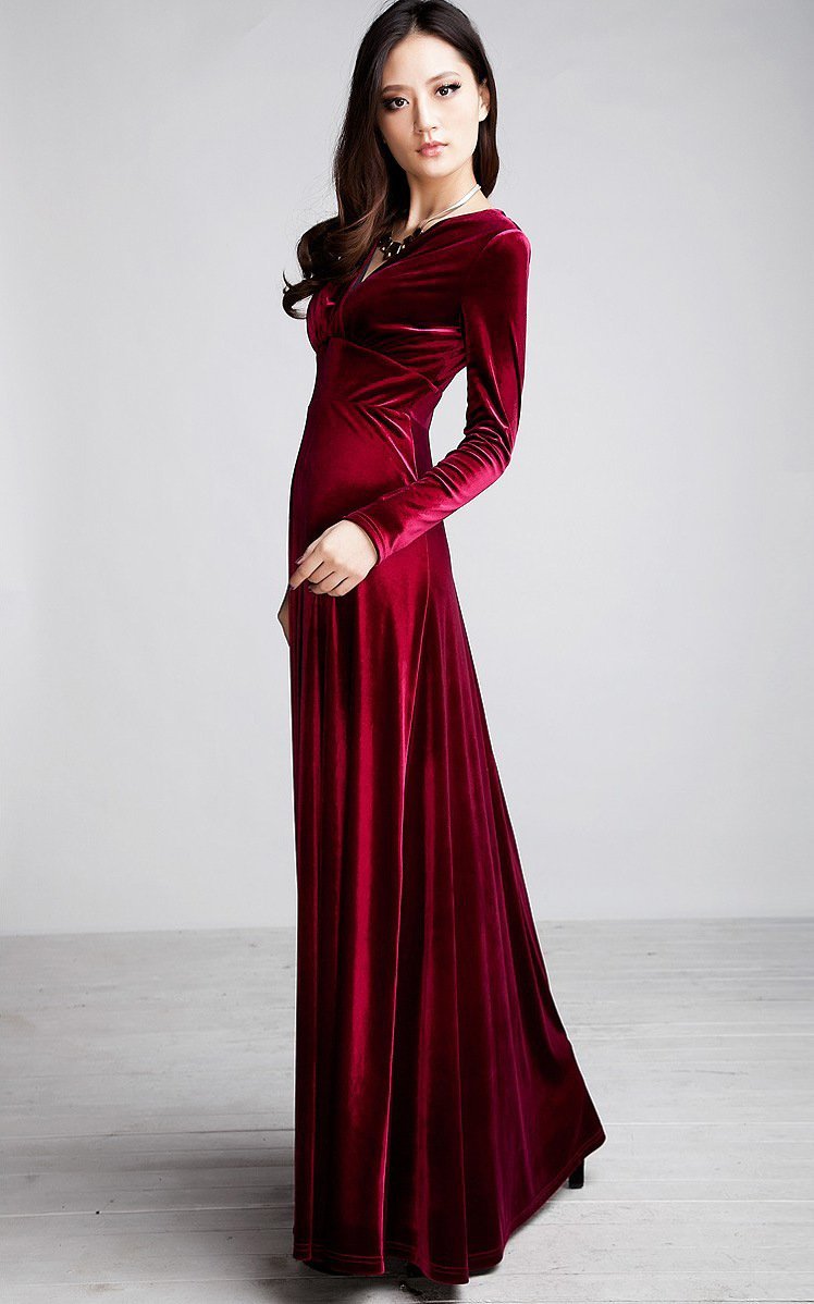 Velvet V Neck Long Sleeve High Waist Maxi Dress