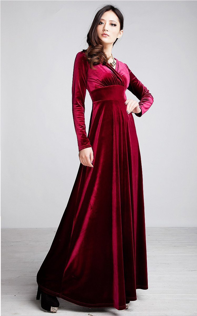 Velvet V Neck Long Sleeve High Waist Maxi Dress