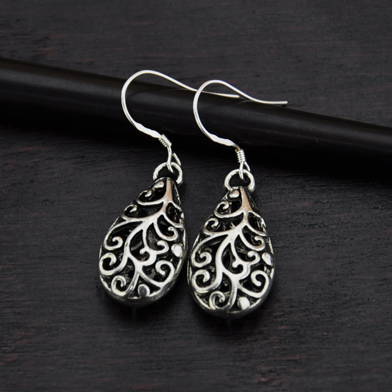 S925 Silver Ear Hook Miao Silver Hollow Water Drop Vintage Earrings National Style Earrings