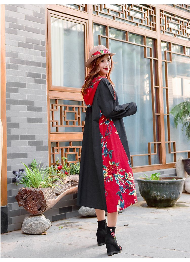 National Style Loose Print Cotton and Linen Hooded Dress