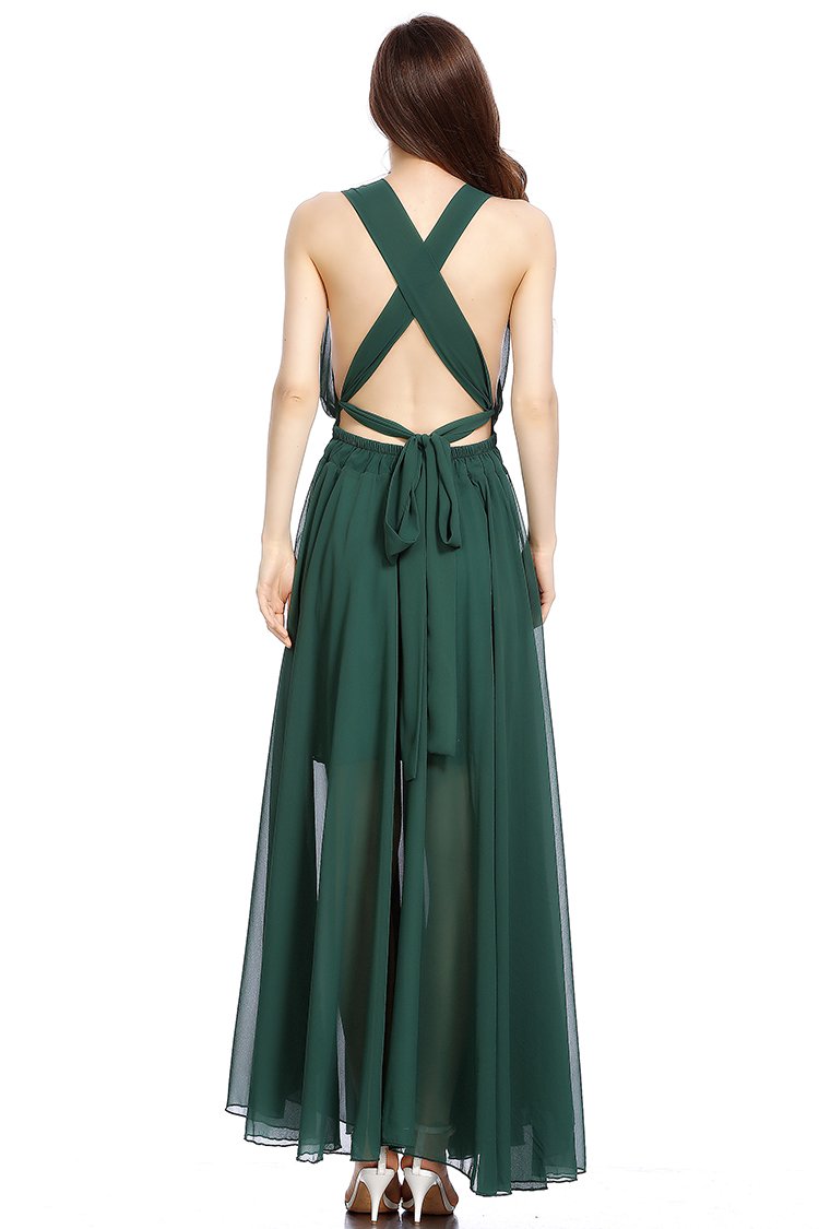 Hanging Neck Slim Dark Green Backless Sexy Big Swing Strap Beach Maxi Dress