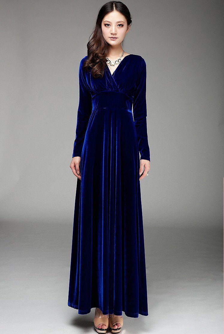 Velvet V Neck Long Sleeve High Waist Maxi Dress