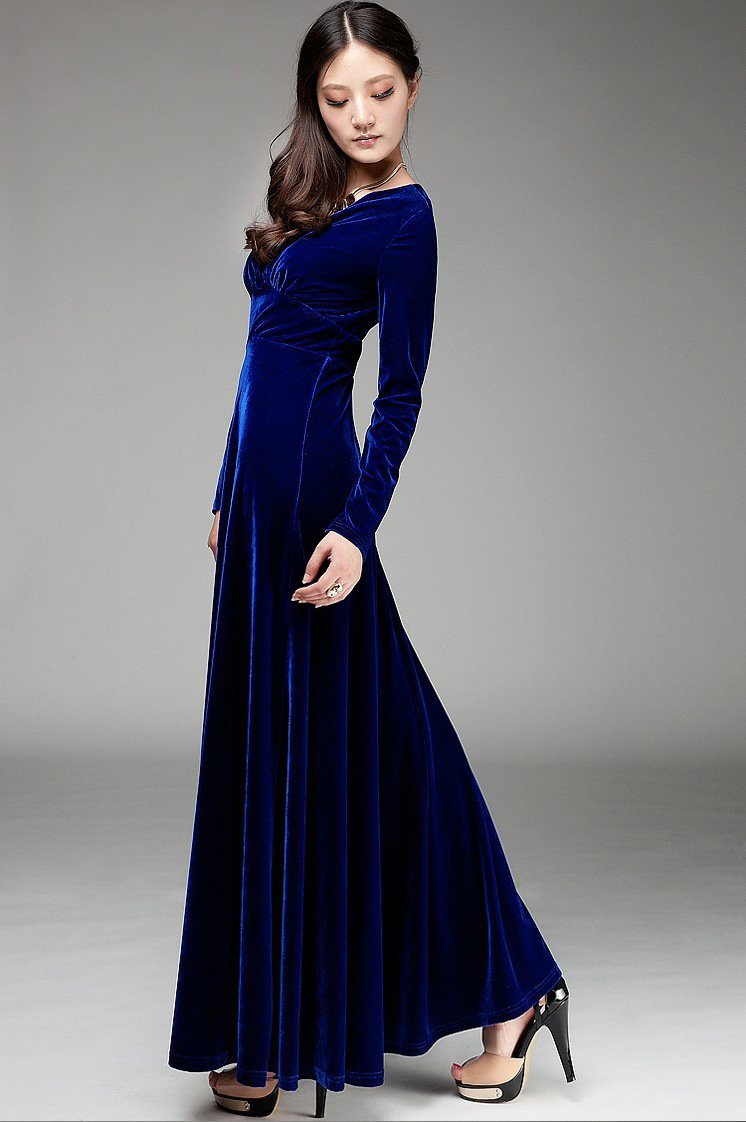 Velvet V Neck Long Sleeve High Waist Maxi Dress