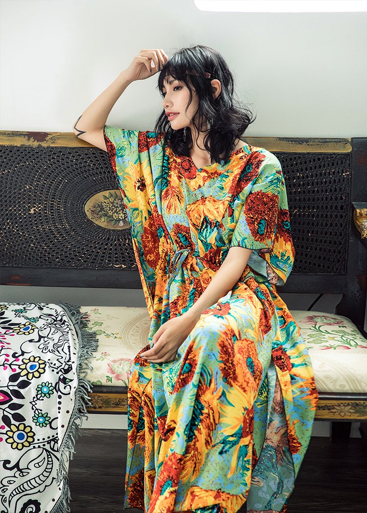 Boho Batwing Sleeves Sunflower Printed Maxi Dress