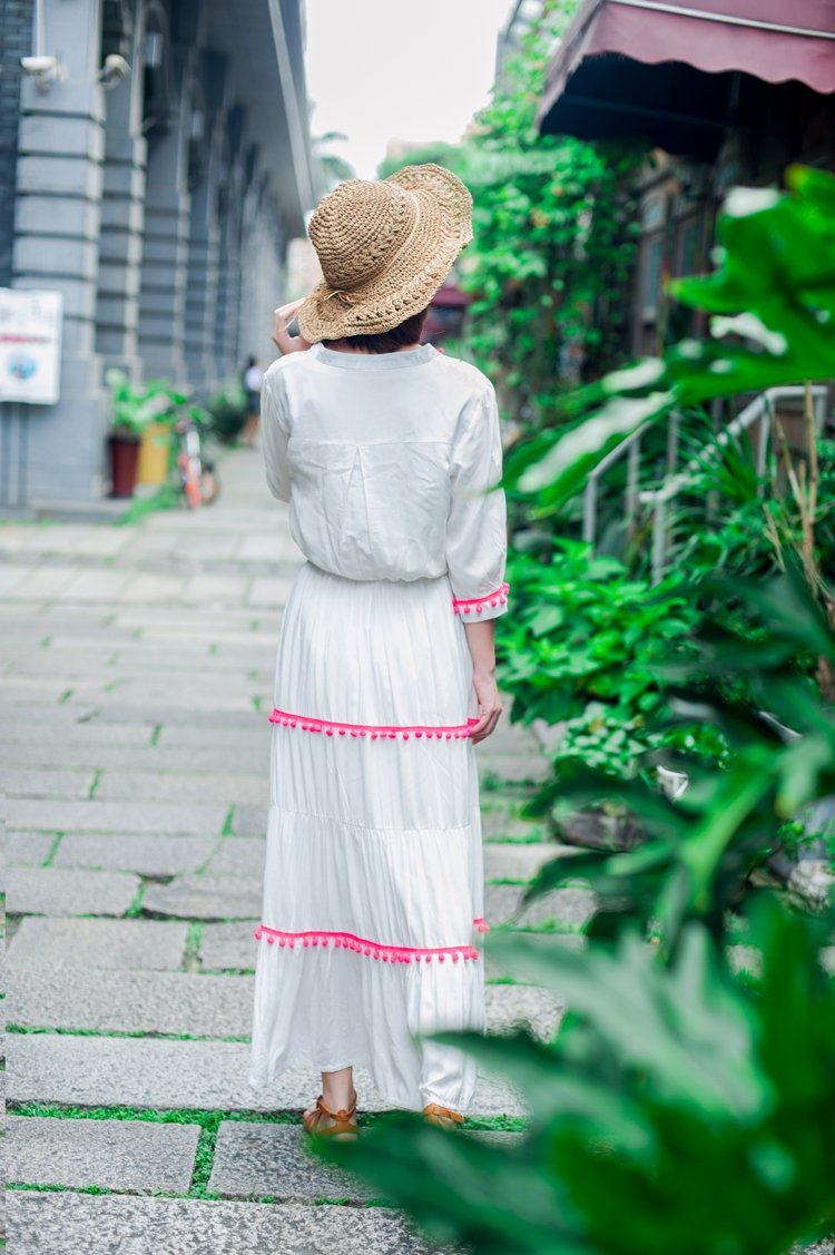 Floral Embroidered Hippie White Long Sleeve Pompom Maxi Dress