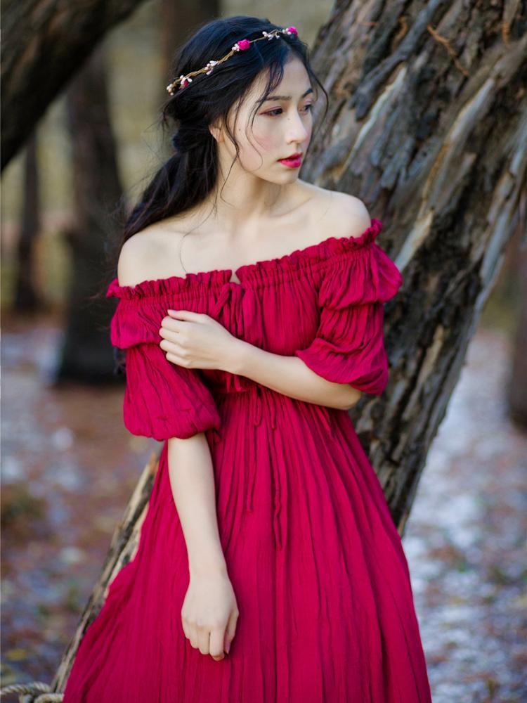 Vintage Solid Color Off-the-shoulder Maxi Dress